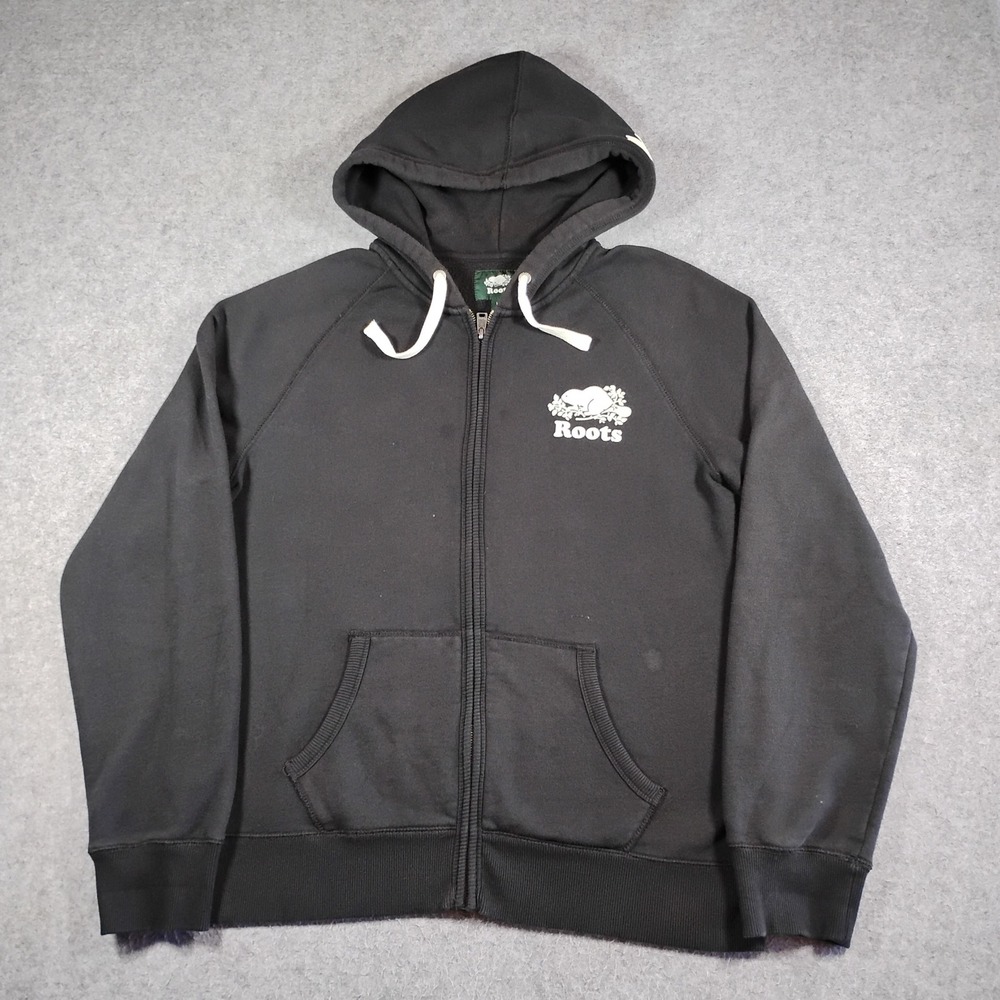Roots Mens Large Black Full Zip Hoodie Flocked Beaver Logo Raglan Sleeve